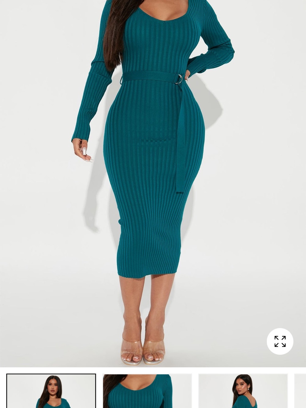 Ribbed Knit Teal Midi Dress with Belt